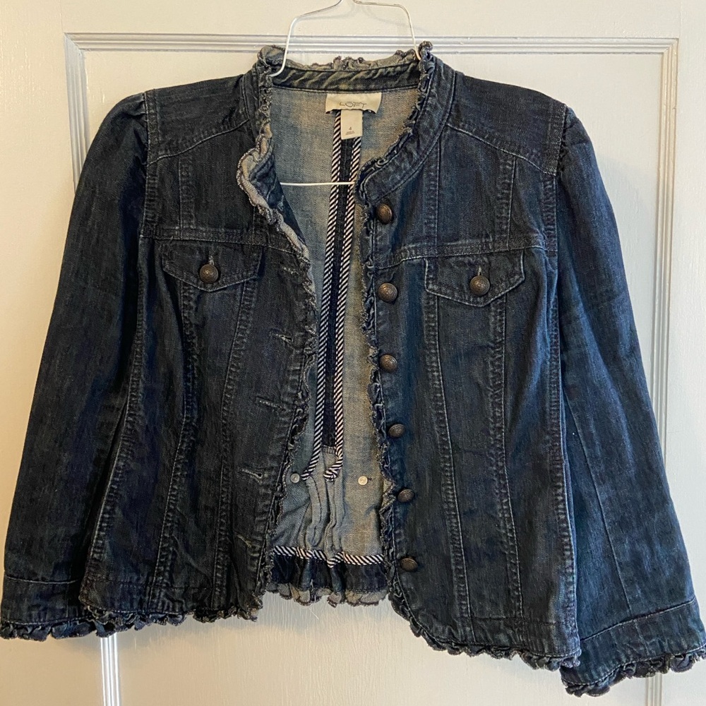 LOFT Dark Blue Jean Jacket with Ruffle Trim